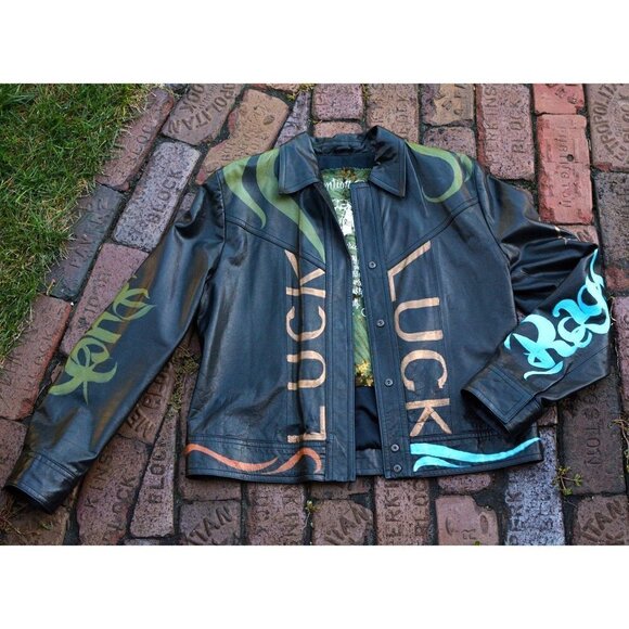 Vintage black leather biker jacket, hand painted, lucky sz M - Picture 3 of 14